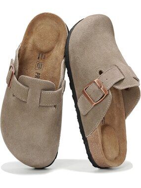 Women's Taupe Suede Genuine Leather Cork Footbed Trendy Slip-On Mules Clogs